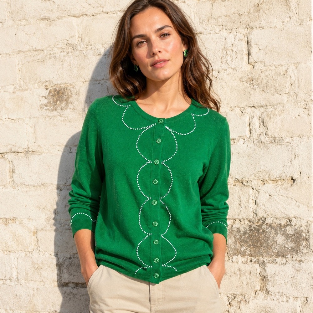 Anthropologie Green Cotton Cashmere Cardigan Clipped Etymology Embroidered Small